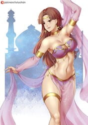 belly belly_dancer belly_dancer_outfit brown_eyes brown_hair cleavage dancer dancer_outfit dancing detached_sleeves earrings fit fit_female harem_girl harem_outfit headband jewelry large_breasts legband light_blush loincloth long_hair lulu-chan92 neckband plum_(tear_ring_saga) see-through_sleeves tear_ring_saga tear_ring_saga:_utna_heroes_saga voluptuous