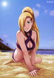 1girls beach bikini blonde_hair blue_eyes breasts cleavage cleavage_cutout cutout female female_only ino_yamanaka long_hair looking_at_viewer naruto naruto_(series) naruto_shippuden ocean sand sbel02 smile solo tied_hair very_long_hair water