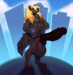 2020 absurd_res anthro balls belly belly_rub biceps big_balls big_penis black_body black_fur blue_eyes canid canine canis city city_background cityscape cloud ectogoat erection fox fur genitals hi_res huge_balls huge_cock humanoid_genitalia humanoid_penis hybrid hyper hyper_balls hyper_genitalia hyper_penis licking licking_lips looming macro male mammal muscular neck_bulge nude oral_vore pecs penis quads shadow solo springfield swallowing tail_tuft tongue tongue_out tuft vore wolf