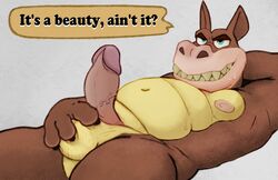 activision anthro balls blue_eyes bowserboy101 brown_body canid canine canis crash_(series) crocodile crocodilian crocodylid dingo dingodile genitals grin hand_behind_head hi_res holding_balls humanoid_genitalia humanoid_penis hybrid male male_only mammal nipples nude overweight overweight_anthro overweight_male penis pink_penis reptile scalie simple_background smile solo speech_bubble teeth vein video_games