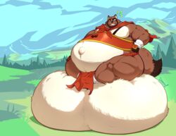 2020 absurd_res anthro armor balls belly big_balls big_belly brown_body brown_fur canid canine cape clothing dai_(a-side) dawmino forest fur genitals grin hi_res huge_balls hyper hyper_balls hyper_genitalia loincloth male male_only mammal mountain musclegut muscular navel outie_navel overweight overweight_anthro raccoon_dog smile solo tanuki tree white_body white_fur