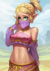 1girls absurd_res alternate_hairstyle aqua_eyes armlet bangs belly_dancer belly_dancer_outfit blonde_hair braid breasts breath_of_the_wild bridal_gauntlets cosplay crown_braid detached_sleeves dirtyero_(artist) erect_nipples female female_only friendly_mutton_chops gerudo_link_(cosplay) gerudo_outfit gerudo_set gerudo_sirwal gerudo_top gerudo_veil hair_ornament hair_pulled_back hairclip harem_outfit highres hylian looking_at_viewer medium_breasts midriff mouth_veil navel nintendo nipple_bulge outdoors parted_bangs perky_breasts pointy_ears princess_zelda royalty see-through short_ponytail solo stomach strapless tears_of_the_kingdom the_legend_of_zelda thick_eyebrows toned tubetop veil zelda_(tears_of_the_kingdom)