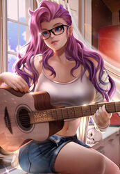 1girls 2020 acoustic_guitar bearwitch cat female glasses guitar league_of_legends midriff musical_instrument pink_hair riot_games seraphine_(league_of_legends) tagme