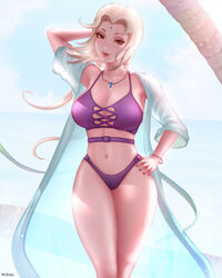 1girls arm_behind_head bathrobe big_breasts bikini blonde_hair bracelet breasts brown_eyes cleavage facial_mark female female_only forehead_mark hand_on_hip jewelry large_breasts long_hair mcdobo naruto naruto_(series) naruto_shippuden necklace open_bathrobe smile swimsuit tied_hair tsunade twintails wide_hips