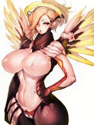 1girls areolae big_breasts blonde_hair blue_eyes breasts female female_only fumio_(rsqkr) huge_breasts large_breasts mercy nipples overwatch thick_thighs wide_hips