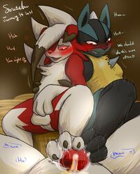 anthro bodily_fluids cum cum_on_chest english_text feet foot_fetish foot_play footjob genital_fluids group hi_res lucario lycanroc male male/male midnight_lycanroc nintendo pokemon pokemon_(species) sex sousaku_san text video_games