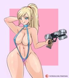 1girls 2018 :p abs arm_behind_head armpits arms_behind_head arms_up artist_name ass_visible_through_thighs bare_arms bare_breasts bare_shoulders bare_thighs big_breasts blonde blonde_female blonde_hair blue_eyes blue_sling_bikini breasts bust busty busty_female deviantart female female_focus female_only female_solo gun heart highres hips holding_gun hourglass_figure huge_breasts looking_at_viewer looking_pleasured metroid nintendo patreon pink_background pinkpawg ponytail red_hairband samus_aran shiny shiny_breasts shiny_hair shiny_skin shiny_thighs shoulders sling_bikini slingshot_swimsuit solo solo_female thick thick_ass thick_bottom_lip thick_hips thick_legs thick_thighs thighs thong thong_leotard tongue tongue_out website wide_hips zero_suit zero_suit_samus