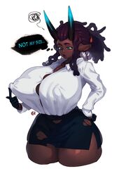 1girls animal_ears areolae big_breasts black_horns blue_eyes blue_horns breasts business_suit chestnut_mouth cleavage cow_ears cropped_legs dark-skinned_female dark_blue_eyes dark_skin demon dreadlocks dress_shirt eigaka erect_nipples_under_clothes female female_only gloves gradient_horns hairtie hand_on_hip hoop_earrings horns huge_areolae huge_breasts huge_nipples keri_(eigaka) large_breasts long_sleeves looking_at_breasts nipple_bulge nipple_tweak nipples pencil_skirt pokies ponytail side_slit sidelocks skirt solo sparkles speech_bubble straight_horns teal_eyes text thick_thighs thought_bubble tied_hair tight_fit torn_clothing torn_skirt two_tone_horns voluptuous wardrobe_malfunction white_background white_shirt wide_hips
