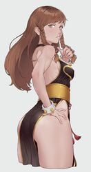 absurdres alternate_costume alternate_hairstyle big_ass black_clothing braid braided_hair brown_eyes brown_hair cheshirrr chinese_clothes chun-li hand_on_ass highres large_breasts looking_at_viewer street_fighter