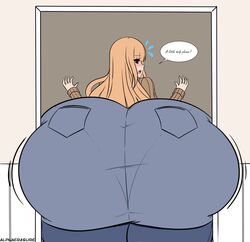 1girls akemiexpansions alphaerasure ass big_ass cream_hair denim english english_text female huge_ass hyper hyper_ass jeans large_ass long_hair looking_back massive_ass original original_character pantylines speech_bubble stuck stuck_in_door sweat text thick_ass tight_pants