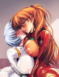 2girls asuka_langley_sohryu big_breasts blue_hair blush bodysuit breasts clothing erect_nipples erect_nipples_under_clothes female female/female female_focus female_only human kawaraya_a-ta large_breasts light-skinned_female light_skin long_hair neon_genesis_evangelion orange_hair pale-skinned_female pale_skin pilot_suit plugsuit rei_ayanami short_hair yuri