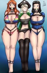 3girls arms_behind_back ball_gag barefoot big_breasts big_smile bikini bikini_bottom bondage bound bound_ankles bound_arms breasts busty cleavage collar crotch_rope dakuroihoshi drawing female female_only femdom femsub fenrilhuayra gag gagged hand_on_another's_hip large_breasts multicolored_bikini multiple_girls multiple_subs nami nami_(one_piece) nico_robin one_piece one_piece_film_z original_character pirate pirate_hat rainbow_bikini restrained rope rope_bondage side-tie_bikini sidelocks sweater swimsuit tagme thick_thighs tied_up yuri