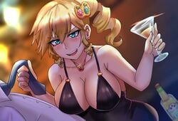 applejack_(mlp) black_dress blonde_hair cleavage cocktail_dress dress freckles friendship_is_magic green_eyes hair_ornament humanized iojknmiojknm large_breasts my_little_pony necklace straight_hair wine_glass