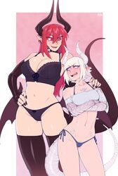 2girls arm_sleeves bangs black_legwear black_nails blunt_bangs bra choker cleavage dragon dragon_girl dragon_horns dragon_humanoid dragon_tail dragon_wings fingerless_arm_sleeves gauntlets hand_on_another's_shoulder hand_on_hip humanoid ittla legwear light_blush lingerie long_hair long_horns looking_at_partner panties pointy_ears red_eyes red_hair scales scalie sharp_nails size_difference slit_pupils small_panties white_hair white_skin