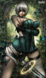 beauty_mark blindfold cleavage forest gloves kaine_(nier)_(cosplay) katana lingerie nier nier:_automata pinup pose short_hair solo solo_focus square_enix sword thigh_strap thighhighs white_hair yichimoo yorha_2b