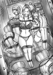 3girls arms_behind_back big_breasts bondage bound dakuroihoshi drawing drill_hair empress_tiranna_(oc) eyepatch female femsub fenrilhuayra gag gagged hair_bun iris_(oc) lingerie monochrome multiple_girls multiple_subs original_character princess_angelica_(oc) rope tagme tape_gag trash_compactor underwear