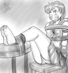 ami_mizuno arms_behind_back bishoujo_senshi_sailor_moon black_and_white bondage chair_bondage clothing dakuroihoshi drawing feet_up fenrilhuayra gag gagged legs_up monochrome panties rope rope_bondage sailor_mercury sailor_senshi sailor_senshi_uniform skirt tagme tape tape_gag taped_mouth tied_up upskirt