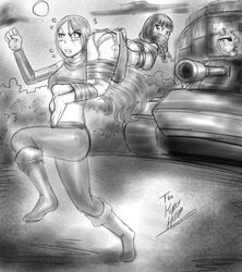 battle_tank bondage carrying dakuroihoshi drawing drill_hair eyepatch femsub fenrilhuayra gag gagged grumpy_sub iris_(oc) kidnapped monochrome nightgown octavia_(oc) original_character panties princess_angelica_(oc) tagme tank tape_bondage