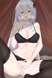 big_breasts black_bra black_legwear blush bra butterfly_clip butterfly_hair_ornament censored echidna_(re:zero) female hair_between_eyes hairclip heart_censor heavy_breathing highres licking_lips lips long_hair looking_at_viewer navel partially_clothed presenting presenting_pussy purple_eyes pussy pussy_juice re:zero_kara_hajimeru_isekai_seikatsu silver_hair smile smug solo_female spread_legs stockings tongue_out underwear_only white_hair