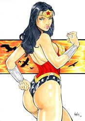 1girls ass black_hair blue_eyes bracelet bubble_butt dc dc_comics diana_prince ed_benes_studio female large_breasts looking_at_viewer looking_back looking_over_shoulder tiara vagner_fernandes voluptuous wonder_woman wonder_woman_(series)