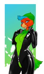 2019 anthro avian beak bird blue_body blue_eyes blue_feathers bodysuit breasts cheek_tuft clothing facial_tuft feathers female genitals green_body green_feathers half-closed_eyes kimart_i looking_at_viewer lovebird multicolored_body multicolored_feathers narrowed_eyes navel nipples non-mammal_breasts open_beak open_mouth parrot portrait pussy red_body red_feathers rubber simple_background solo standing tail_feathers three-quarter_portrait tight_clothing tongue true_parrot tuft vareoth yellow_beak zipper