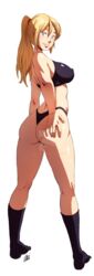 1girls blue_eyes bubble_butt erect_nipples female fit hand_on_ass large_breasts looking_at_viewer looking_back looking_over_shoulder metroid nintendo ono-fire ponytail samus_aran smile socks voluptuous watermark