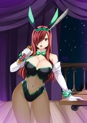 1girls belly belly_window bowtie bunny_ears bunnysuit claudia_dragneel detached_sleeves erza_scarlet fairy_tail female gloves hair_ornament hair_over_one_eye hazel_eyes huge_breasts long_hair navel red_hair see-through_clothing sword transparent_clothing voluptuous