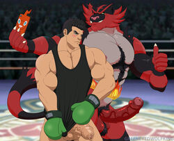 abs anthro ball_tuft balls bara biceps black_hair blush body_hair bottomless bottomwear boxing_gloves chest_hair claws clothed clothing crossover duo erection felid fight fighting_ring foreskin fur gay genitals gesture greeneyedwolfking hair handwear hi_res human humanoid humanoid_genitalia humanoid_penis incineroar jojo_reference little_mac male male/male male_only mammal muscular muscular_anthro muscular_humanoid muscular_male nintendo nipples one_eye_closed pecs penis phone pokémon_(species) pokemon pubes public punch-out!! punch_out red_body red_fur shirt smile super_smash_bros. taking_picture taking_selfie tank_top teeth thumbs_up topwear tuft uncut vein veiny_penis video_games white_body white_skin wink