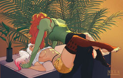 2d 2girls assertive batman_(series) canon_couple couple dc dc_comics female female_only fishnets green-skinned_female green_skin harley_quinn held_down leg_lock leglock melamoart on_desk pamela_isley pigtails pinned poison_ivy short_shorts thighhighs yuri