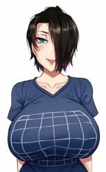 black_hair blue_eyes cleavage hair_over_one_eye huge_breasts saya_(twrlare) twrlare