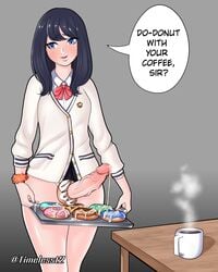 1futa 1girls averting_eyes black_hair blue_eyes blush bodily_fluids clothed clothing cock_ring coffee coffee_mug cum cum_on_food dialogue donut doughnut dripping_cum food futa_only futanari genital_fluids genitals hair intersex jacket long_hair partially_clothed penis serving_tray simple_background solo solo_futa ssss.gridman takarada_rikka thick_thighs timeless-t veiny_penis waiter