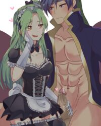 1boy 1girls aibee_honey big_breasts dress drooling elbow_gloves elincia_ridell_crimea embarrassed female fire_emblem fire_emblem:_path_of_radiance fire_emblem:_radiant_dawn gloved_handjob gloves green_hair hand_to_face handjob happy heart-shaped_pupils ike_(fire_emblem) light-skinned_female light-skinned_male light_skin maid maid_headdress nintendo open_mouth open_smile smile straight white_gloves yellow_eyes