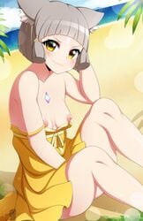 1girls beach blush breasts cat_ears dress female female_only grey_hair iryanic looking_at_viewer nia nia_(xenoblade) nintendo short_hair sitting small_breasts thick_thighs thighs xenoblade_(series) xenoblade_chronicles_2 yellow_eyes