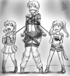 angry black_and_white blush bondage dakuroihoshi drawing femdom femsub fenrilhuayra gag gagged hinamori_hazuka_(oc) kidnapped monochrome original_character rope rope_gag school_uniform schoolgirl short_hair size_difference small_dom_big_sub tagme twintails yuri