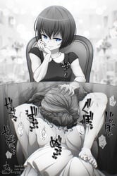 1futa 1girls blowjob bride cheating cheating_bride cheating_on_wedding_day cheating_wife cousin cucked_by_futa cuckold fellatio female futa_on_female futadom futanari futanari_penetrating hand_on_head intersex larger_female monochrome muchin netorare ntr preferring_futa satsuki_fujisawa_(muchin) size_difference small_dom_big_sub smaller_futanari smug stealth_oral stealth_sex under_the_table wedding wedding_dress