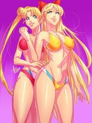 2girls belly bikini bishoujo_senshi_sailor_moon blonde_hair blue_eyes bow cleavage erect_nipples female female_only hairband large_breasts long_hair medium_breasts minako_aino navel small_breasts swimsuit usagi_tsukino voluptuous xdtopsu01