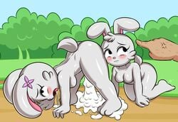 anthro blush bodily_fluids breasts crying cum cum_expulsion drooling duo_focus excessive_cum eye_roll female fur genital_fluids grey_body grey_fur group hi_res huitu_c lagomorph leporid looking_pleasured mammal rabbit saliva tears wavy_mouth