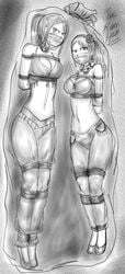 2girls arabian_clothes arms_behind_back belly_dancer belly_dancer_outfit bondage cvet_helconia_(oc) dakuroihoshi drawing female femsub fenrilhuayra gag gagged harem_girl harem_outfit harem_pants monochrome mouth_veil multiple_girls multiple_subs octavia_(oc) original_character rope rough_sketch sack slavegirl tagme tape tied_up