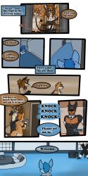♠ 1:2 2019 9:18 anthro ass biped canid cobalt_(tatsuchan18) collar comic detailed_background dialogue english_text fur group hair hi_res leash leashed_collar male mammal open_mouth spade_(tatsuchan18) speech_bubble standing suit_symbol tatsuchan18 text trio