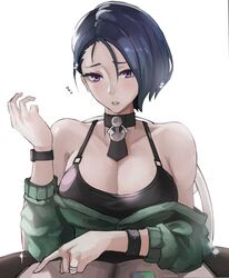 1girls alternate_costume blue_hair bracelet breasts choker cleavage english_commentary female fire_emblem fire_emblem:_three_houses green_sweater highres jewelry large_breasts looking_at_viewer nintendo off-shoulder_sweater off_shoulder pointing pov_dating purple_eyes ring shamir_nevrand short_hair solo spiked_bracelet spikes sweater the_kingduke tommietomm watch wristwatch