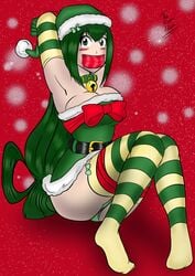 arms_behind_head arms_up bell_collar big_breasts blush bondage bound bound_arms bound_legs breasts busty christmas cleavage collar dakuroihoshi drawing female female_only femsub fenrilhuayra gag gagged large_breasts my_hero_academia panties red_tape santa_costume solo tagme tape tape_gag taped_mouth thighhighs tied_up tsuyu_asui underwear upskirt