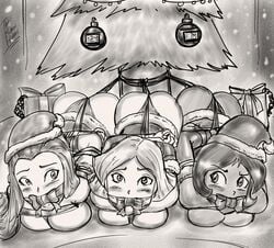 3girls alex_(totally_spies) arms_behind_back ass ass_up black_hair blonde_hair blue_eyes blush bomb bondage breasts christmas christmas_tree clover_(totally_spies) dakuroihoshi dark_skin drawing femsub fenrilhuayra gag gagged gift green_eyes hazel_eyes human monochrome multiple_subs orange_hair pale_skin redhead ribbon ribbon_bondage ribbon_in_mouth sam_(totally_spies) santa_hat tied_up totally_spies trio yellow_eyes