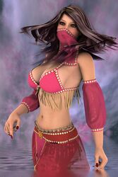 1girls 3d arabian arabian_clothes belly belly_chain belly_dancer belly_dancer_outfit brown_eyes brown_hair cleavage dancer dancer_outfit dancing detached_sleeves female female_only fully_clothed harem_girl harem_outfit harem_pants large_breasts long_hair navel original original_character partially_submerged roboman28 see-through_sleeves solo tanned