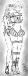 arms_behind_back bishoujo_senshi_sailor_moon black_and_white blush blushing bondage clothing dakuroihoshi drawing fenrilhuayra gag gagged haruka_tenou michiru_kaiou rope rope_bondage sailor_neptune sailor_senshi_uniform sailor_uniform sailor_uranus skirt tape tied_up