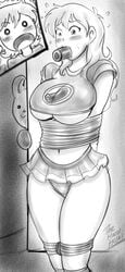 arms_behind_back blush bondage dakuroihoshi drawing femsub fenrilhuayra food_gag food_in_mouth gag gagged monochrome original_character rope short_skirt tagme tape tied_up underboob