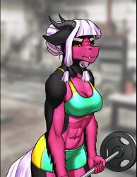 1girls 2020 5_fingers abs animated anthro barbell bicep_curl black_body black_fur bodily_fluids booty_shorts bra clothed clothing dragon exercise eyebrows eyelashes female female_only fingers fur furred_dragon furry horn midriff muscular muscular_anthro muscular_female mykegreywolf mythical navel no_sound original_character pink_body pink_fur scalie short_hair short_playtime solo solo_female sports_bra sweat tight_clothing underwear video weightlifting weights white_hair workout