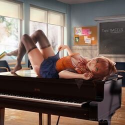 1girls black_legwear black_thighhighs blondynkitezgraja blue_skirt brown_hair classroom cleavage clothing doki_doki_literature_club female female_only green_eyes laying_down laying_on_back long_hair looking_at_viewer medium_breasts monika_(doki_doki_literature_club) piano ponytail pov realistic school_uniform schoolgirl skirt skirt_lift solo solo_female thick_thighs thighhighs wholesome