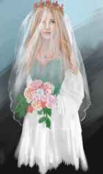 blonde_hair blue_eyes bouquet bridal_veil bride flower jewelry long_hair pale_skin solo_female sundaynoches wedding wedding_attire wedding_dress wedding_veil