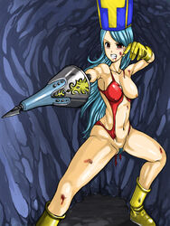 battle_damage blood blue_hair blush boots brown_eyes bruise bule cave clothing dragon_quest dragon_quest_iii erect_nipples female gloves grimace hat lance large_breasts light_blue_hair medium_breasts priest_(dq3) pubic_hair solo sweat torn_clothes