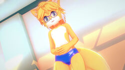 1boy 3d anthro femboy fusionxglave hi_res looking_at_viewer male male_only shy simple_background solo sonic_(series) speedo tails